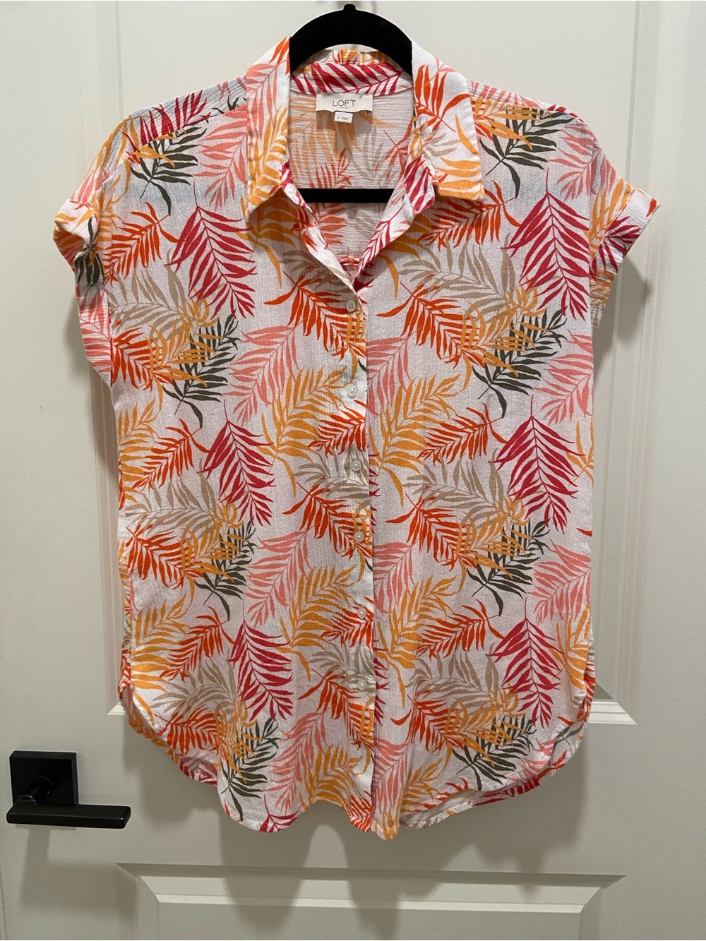 LOFT Pink Orange Yellow Leaf-Print Short Sleeve Button Front Blouse